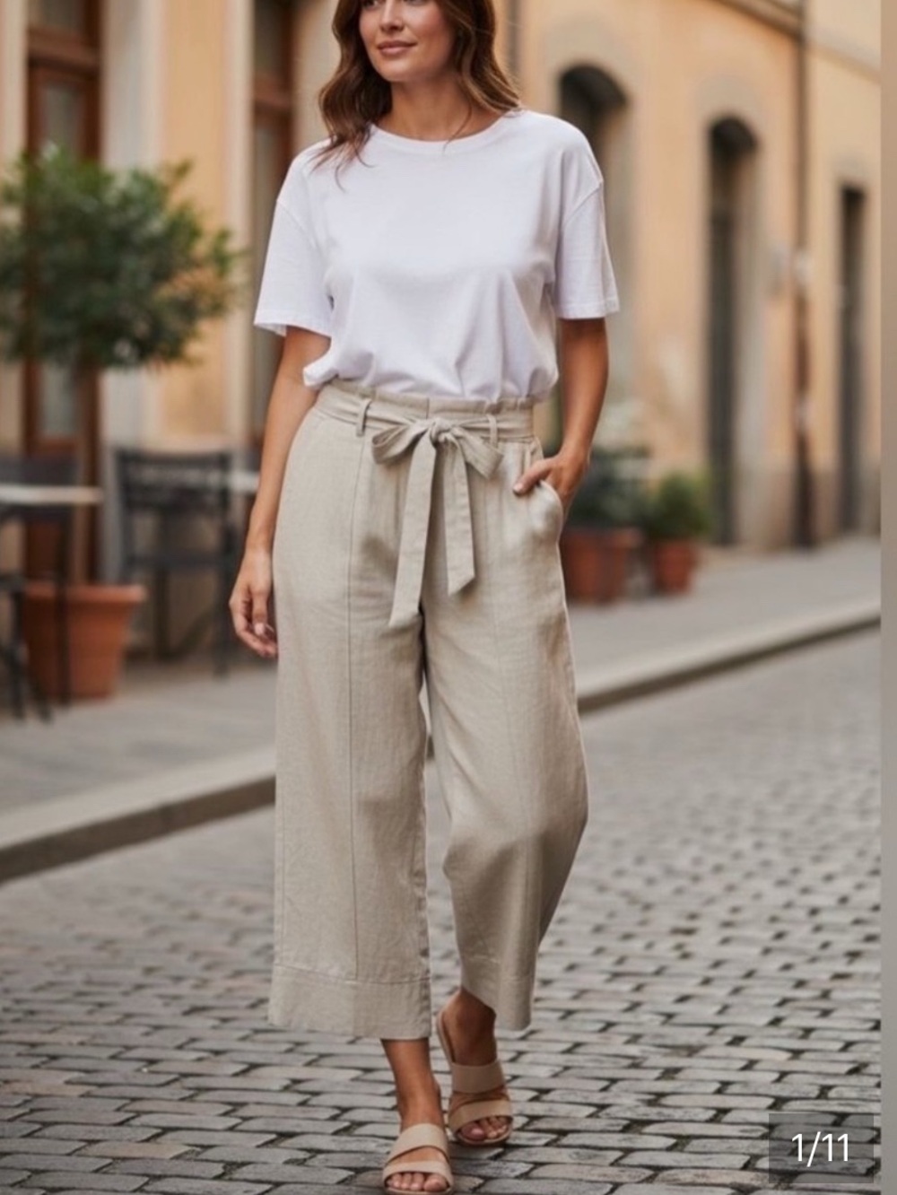 NWT Mandarin Blue High-Waist A-Line Linen Crop Pant Natural Beige Capri 10